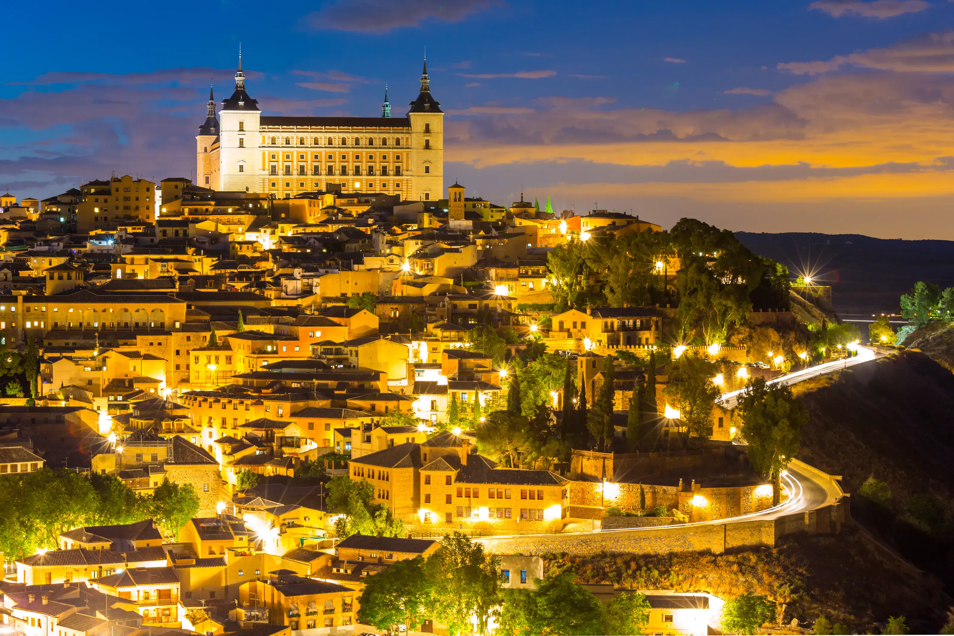 Toledo Cityscape with Alcazar at dusk in Madrid Spain