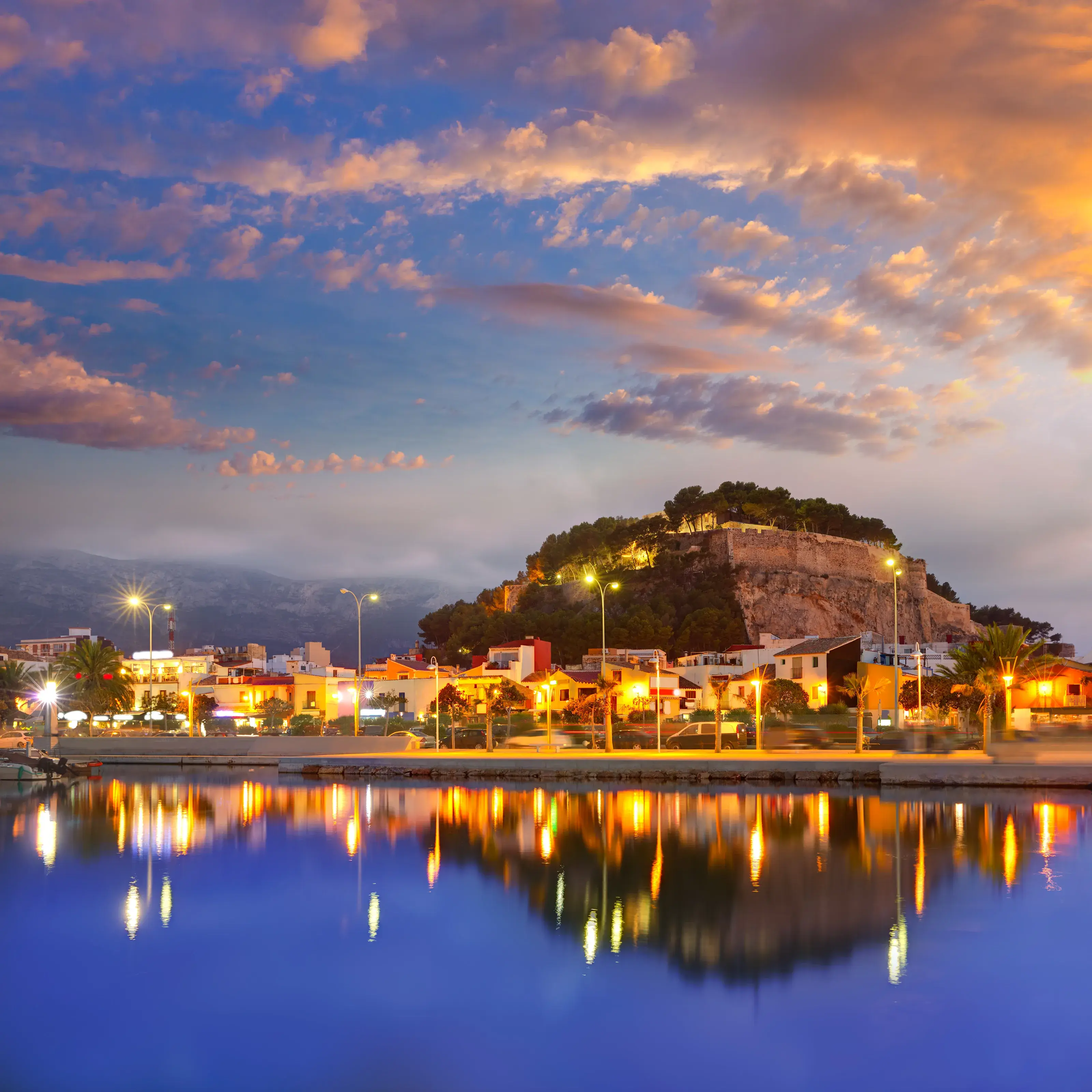 Denia port sunset dusk in marina at Alicante Mediterranean Spain