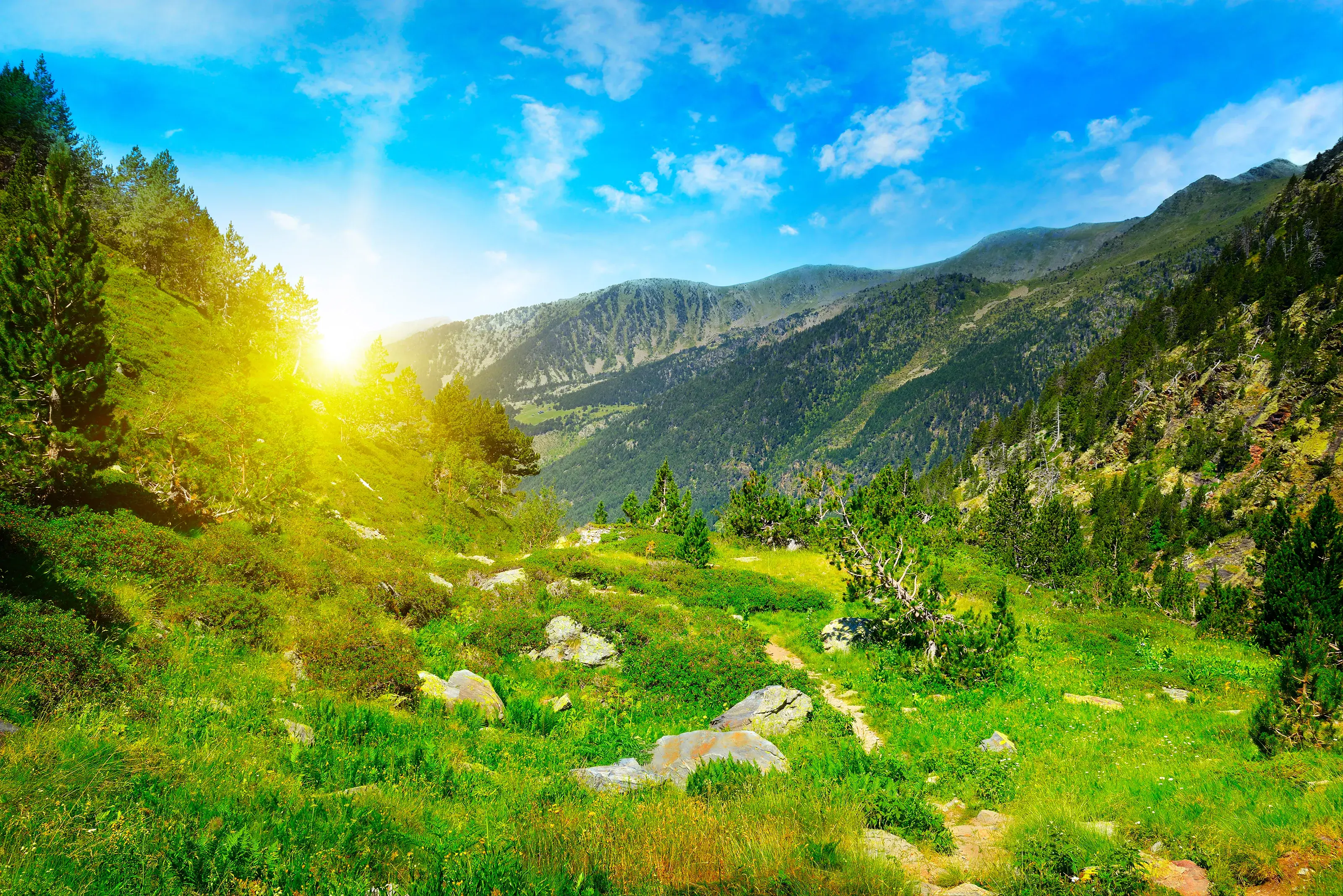 Beautiful sunrise in high mountains and blue sky, Andorra, Pyrenees