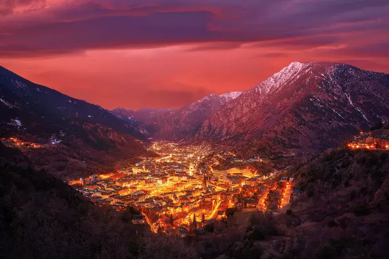 Andorra la Vella skyline at sunset in Pyrenees mountains