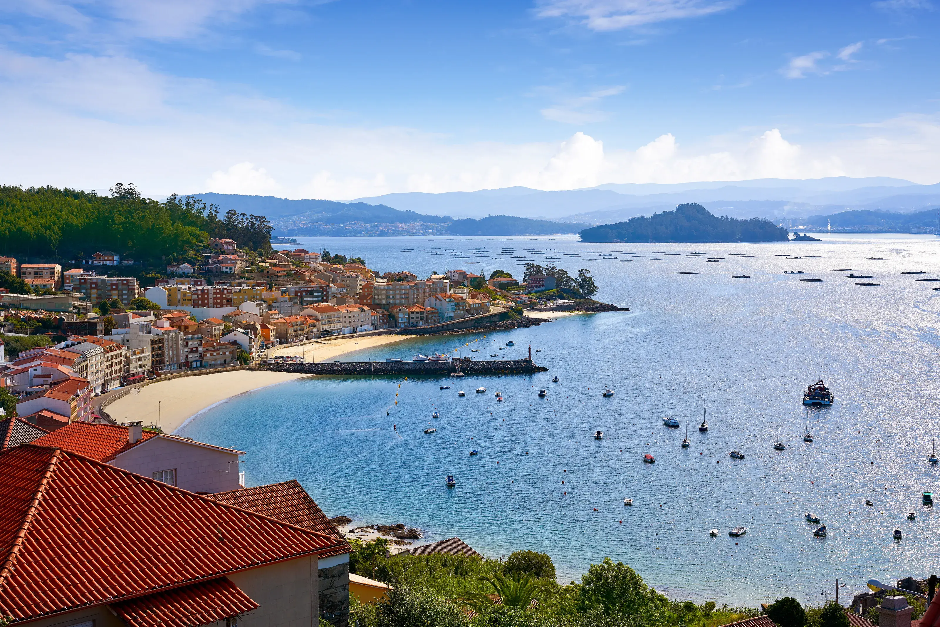 Ria de Pontevedra river Raxo village of Poio and Tambo island in Galicia Spain