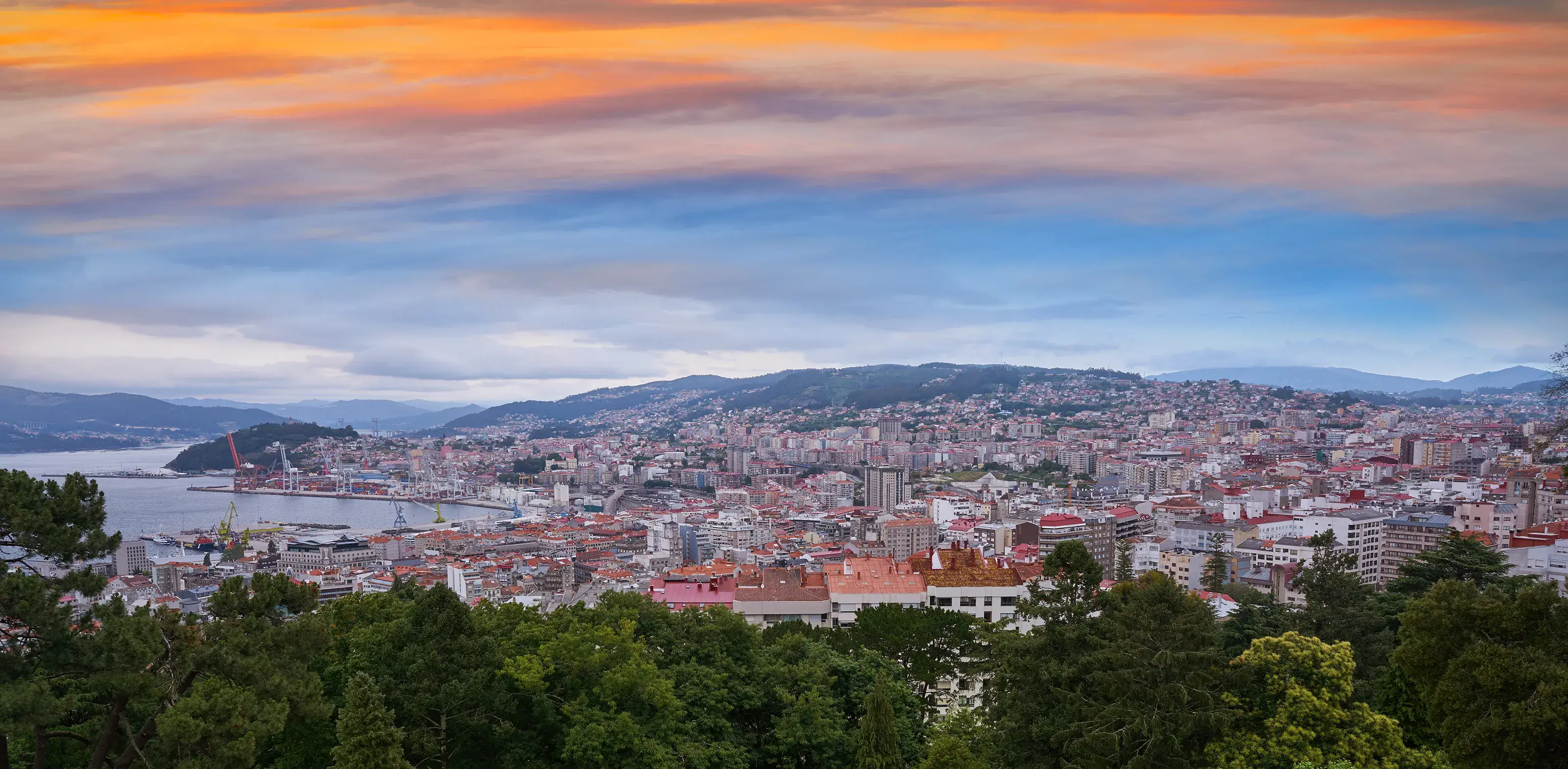 Vigo skyline and port sunset in Galicia of Spain