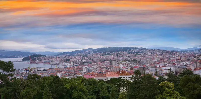 Vigo skyline and port sunset in Galicia of Spain
