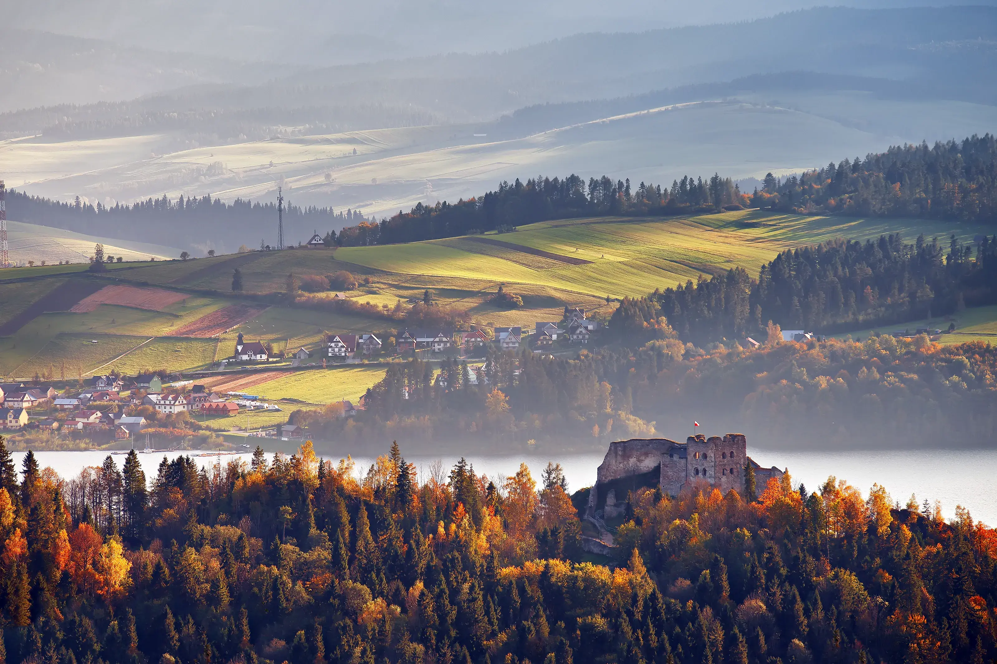 it with AI Comp Image Poland autumn hills. Sunny October day in Malopolska mountain village. Fall in Poland