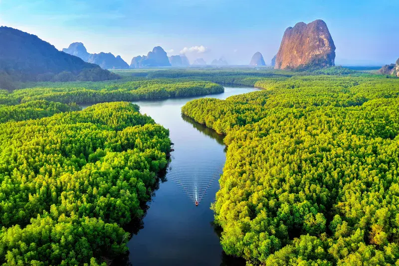 Aerial view of Phang Nga bay with mountains at sunrise in Thailand