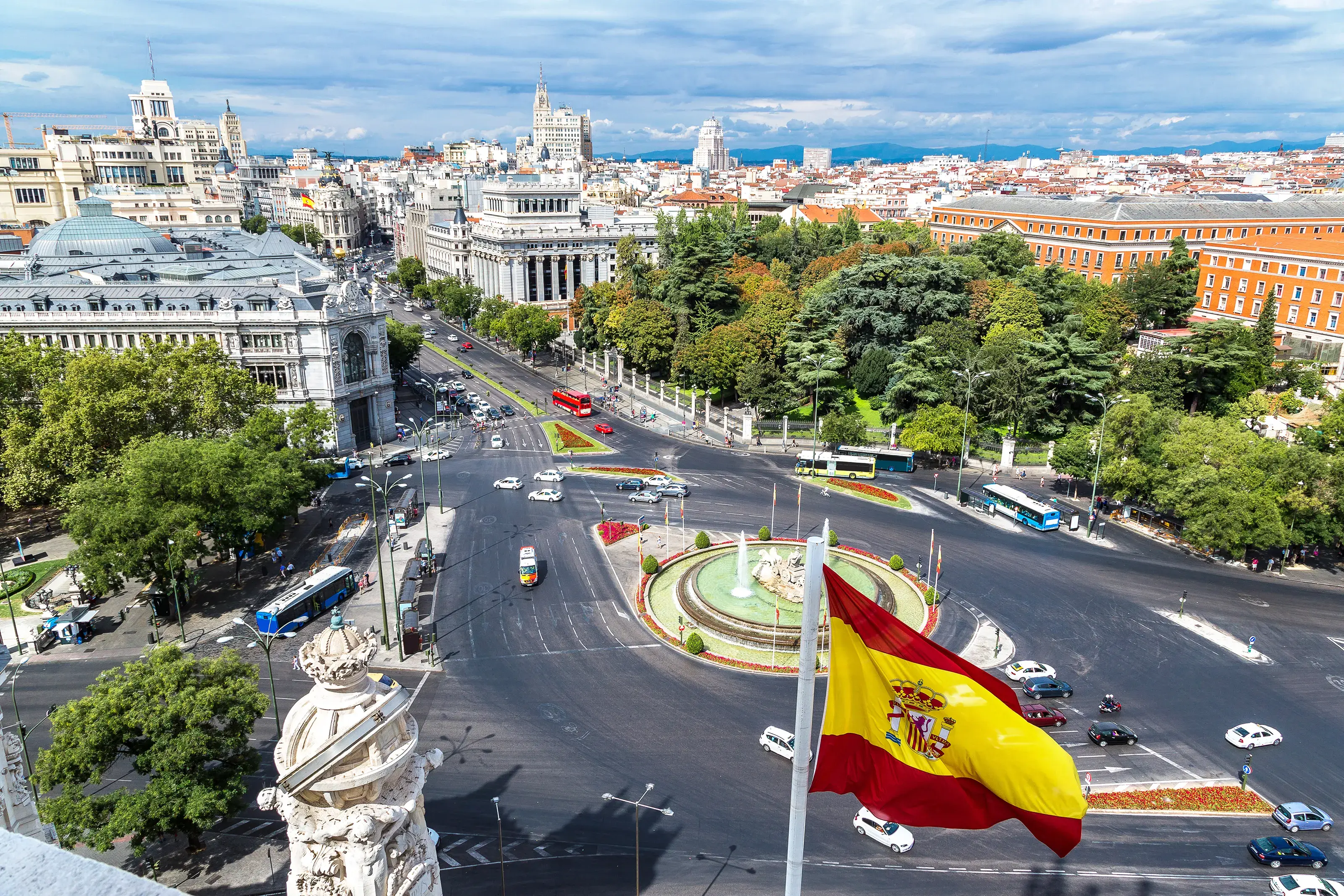 Aerial view of Cibeles fountain at Plaza de Cibeles in Madrid in a beautiful summer day, Spain