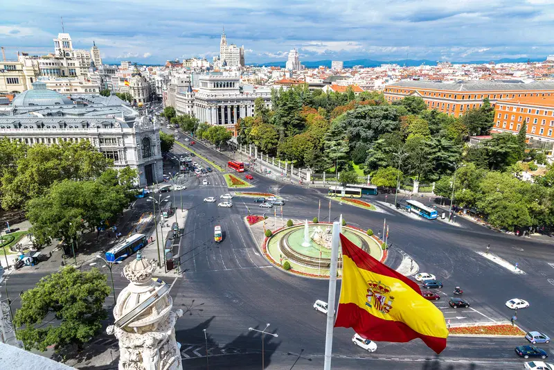 Aerial view of Cibeles fountain at Plaza de Cibeles in Madrid in a beautiful summer day, Spain