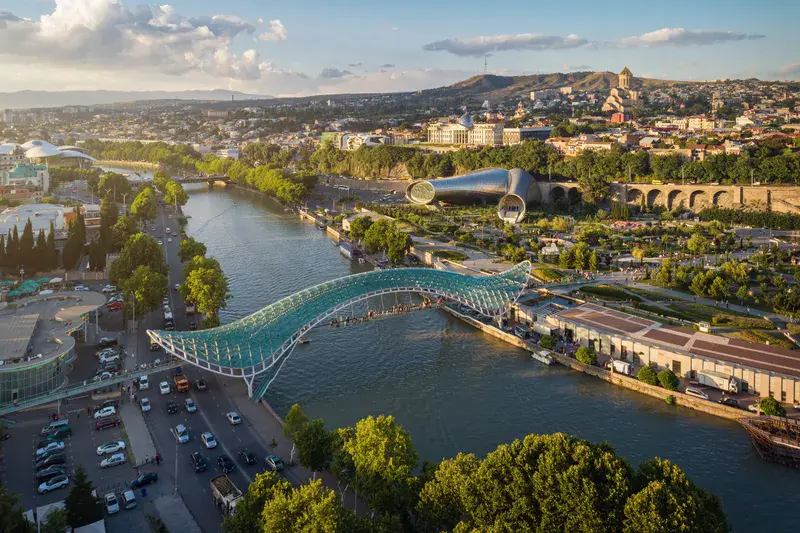 Panoramic aerial view of a summer sunset over downtown Tbilisi, Georgia