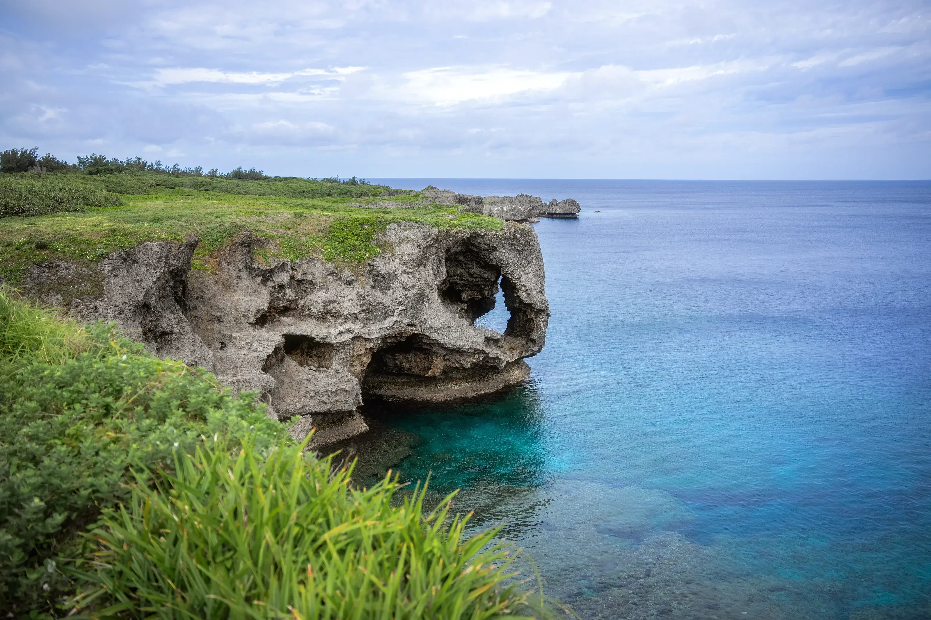The iconic elephant-trunk-shaped rock formation at Cape Manzamo in Okinawa, Japan, overlooking the clear turquoise East China Sea.