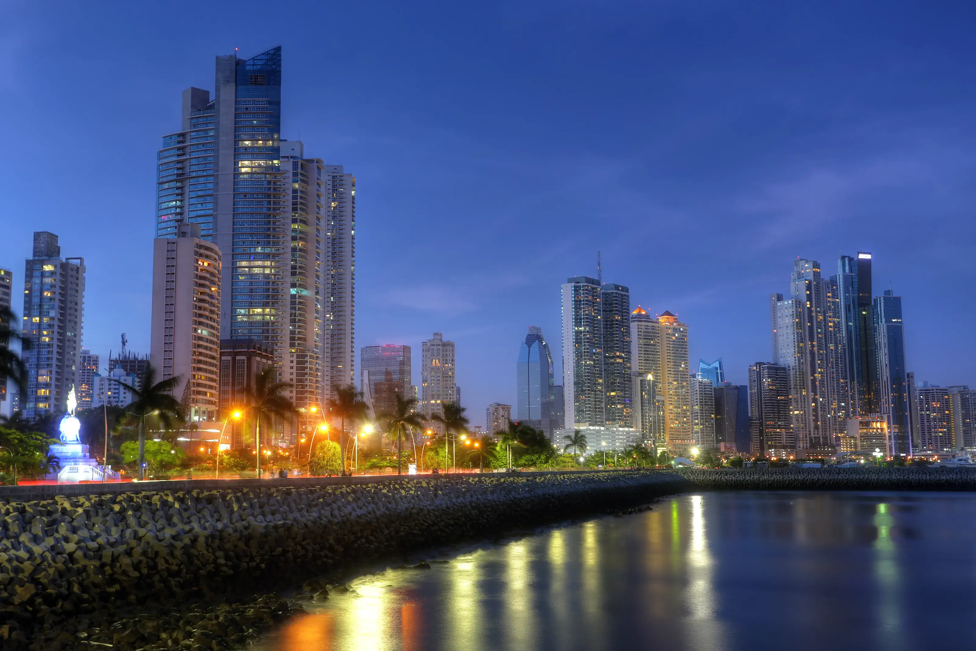 Panama City skyline and Bay of Panama, Central America in the twilight