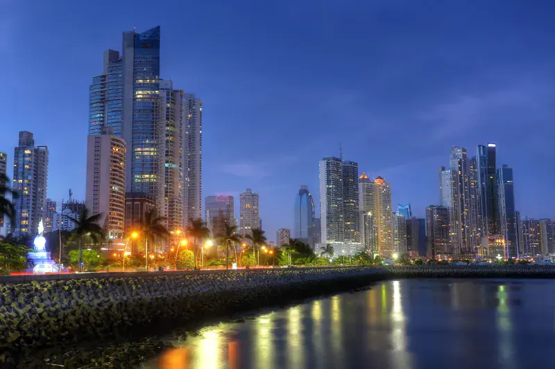 Panama City skyline and Bay of Panama, Central America in the twilight